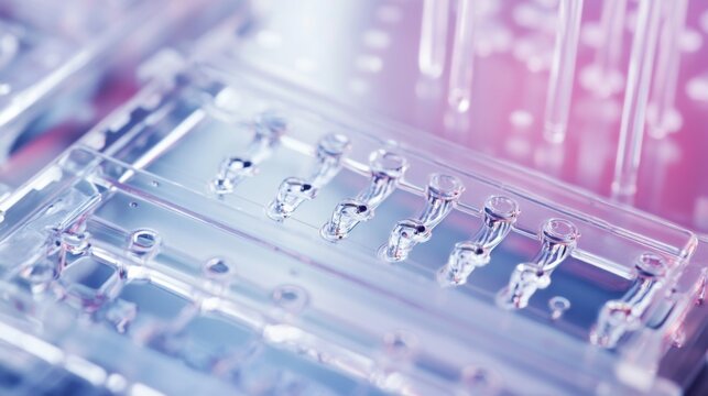 An extreme close-up of a microfluidic organ-on-a-chip device, replicating human organ functions for drug testing, Biomedical technology style