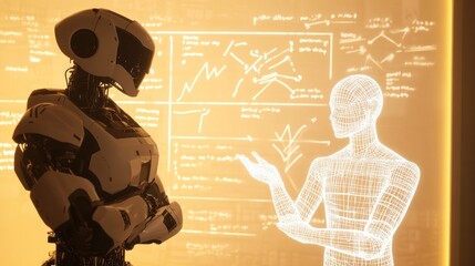 Mechanical and hologram entities debate technological future