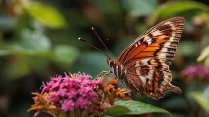 Obraz premium Brown Butterfly on Colorful Plant in Close-up - Rule of Thirds