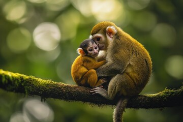 Obraz premium A tender moment between a mother monkey and her baby on a branch in a lush forest.