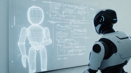 Robot engaged with virtual charts and diagrams
