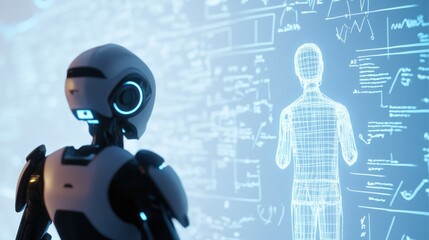 Futuristic robotic entity observes digital human grid