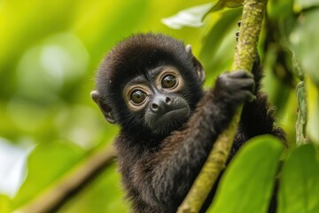 Fototapeta premium A close-up of a young monkey clinging to a branch amidst lush green foliage.