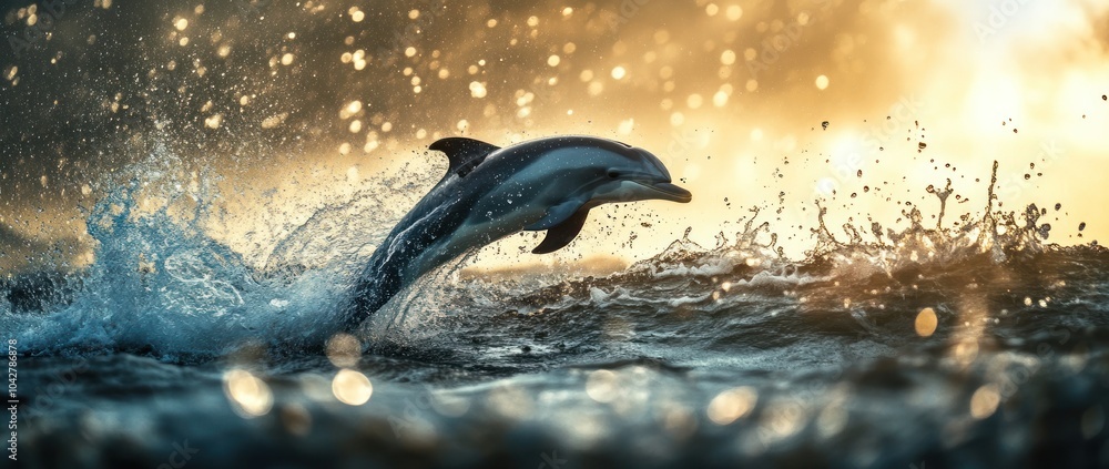 Poster a dolphin leaps from the ocean's surface, surrounded by splashes and shimmering light.