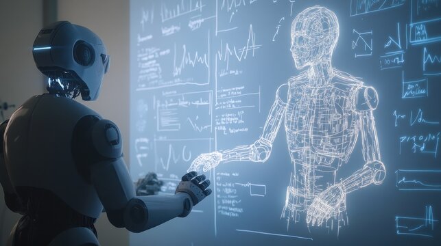 Robot handshake with hologram amidst digital equations
