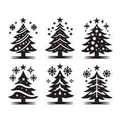 Obraz premium Black Silhouette and Cheerful Christmas 6 Set Tree Icons with Baubles, Stars, and Holly Decorations, Christmas elements
