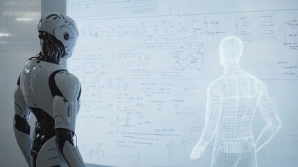 Robot and hologram interacting over digital diagram