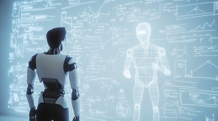 Cyborg observing digital holographic calculations screen