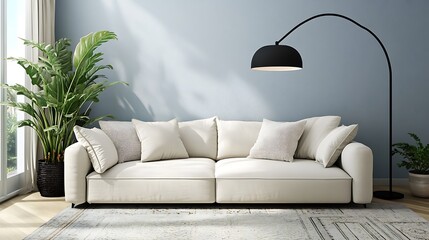 Modern Living Room with White Sofa and Curved Black Floor Lamp