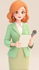 3D Cute Cartoon Female Reporter Smiling and Holding a Microphone,