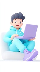 Naklejka premium 3D Icon of a Cartoon Male Character Wearing Blue, Lying on the Ground with a Laptop and Crossed Legs in Purple Shoes, Minimalist Design with Clay Material on White Background
