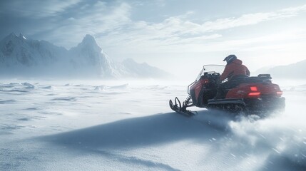 Snowmobile speeding in vast snowy mountain landscape.