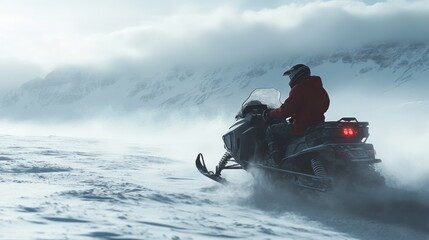 Snowmobiler against the stormy winter mountain terrain