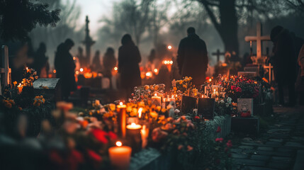 Fototapeta premium All Saints' Day, a serene atmosphere in the cemetery with candles lit on graves, people praying and carrying flowers, Ai generated images