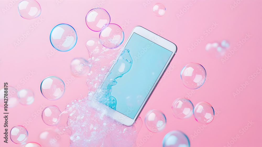 Poster minimalist smartphone with floating pastel bubbles on gradient background