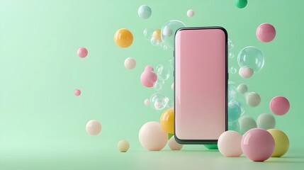 Colorful Bubbles Floating Out of Smartphone Screen on Pastel Green Background