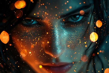 Close-up Portrait of a Woman with Glittering Skin and Bokeh Lights