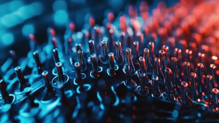 Fototapeta premium An extreme close-up of a neural implant electrode array in a neuroscience lab, Neurotech style, photo of