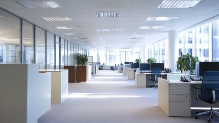 Modern office space with workstations and natural light.