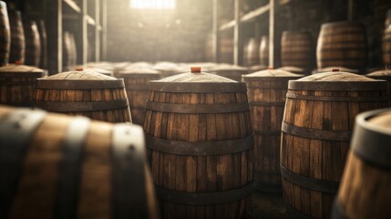 Rows of wooden barrels in a dimly lit warehouse, creating a sense of mystery and tradition.