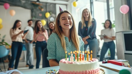 Cheerful office birthday with colorful cake and friends