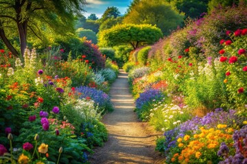Fototapeta premium Impressionist painting of a summer path through a flower garden