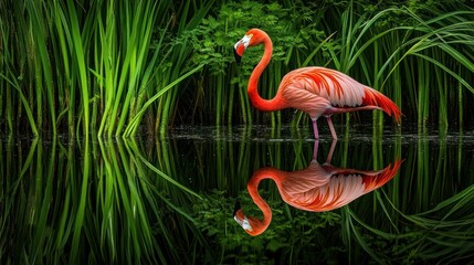 Fototapeta premium A vibrant flamingo stands beside a reflective water surface amidst lush green vegetation.