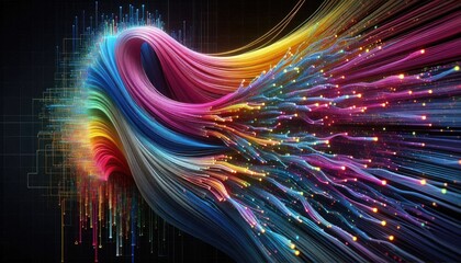 Data Flow Visualization: Converging Streams of Binary Code Representing Machine Learning, Neural Networks, and Data Processing, Transforming Raw Data into Analyzable Patterns