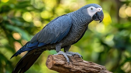 Obraz premium A gray parrot perched on a branch amidst a lush green background.