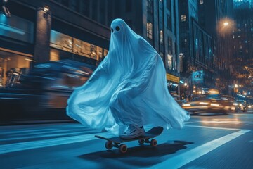 Eerie ghost skateboarding through dim city boulevard