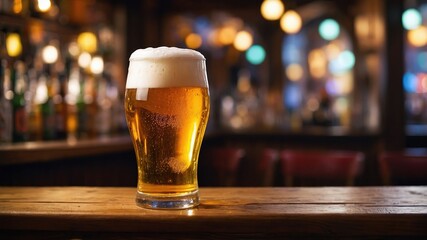 Golden Beer Shimmering in Spotlight amid Bustling Pub