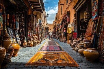 A vibrant market street lined with colorful rugs, pottery, and artisan goods.