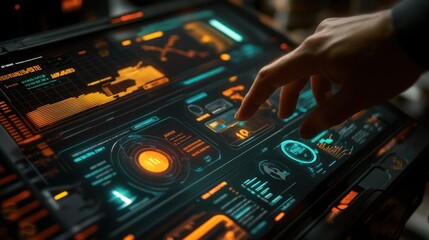 Obraz premium A hand interacts with a futuristic tablet display, filled with digital data and interface elements.