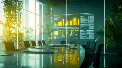 Modern Office Meeting Room with Green Plants and Data Analytics Presentation