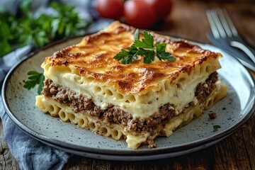 Close-up of a Baked Greek Pasta Dish with Ground Meat and Creamy Sauce