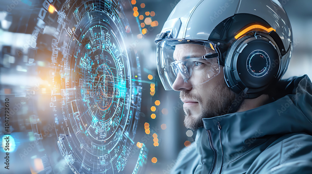 Poster offshore engineer analyzing control room data through innovative technology for enhanced operational