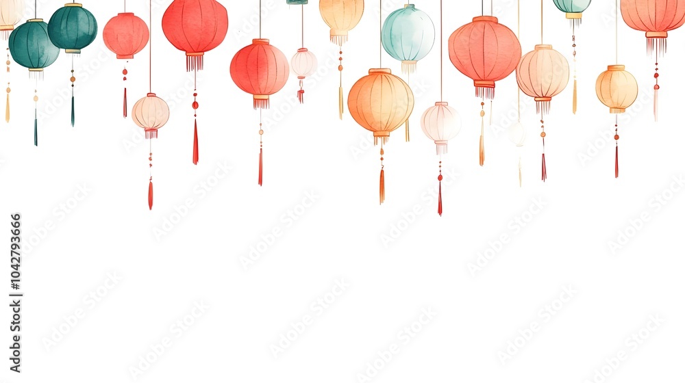 Poster Elegant Chinese Lanterns Hanging from Strings with Clean White Background