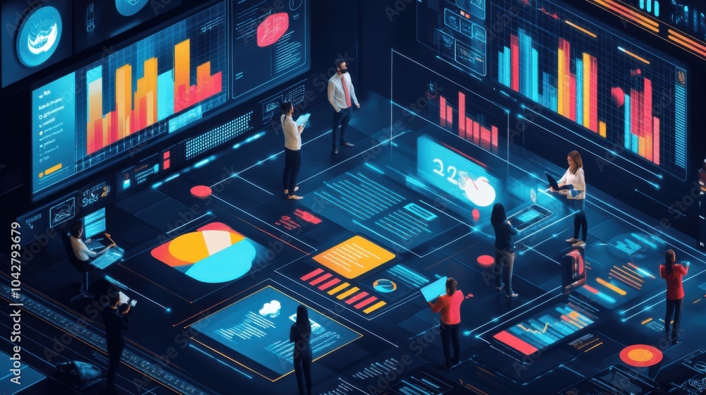 Poster data analysis scene with professionals interacting with digital displays.