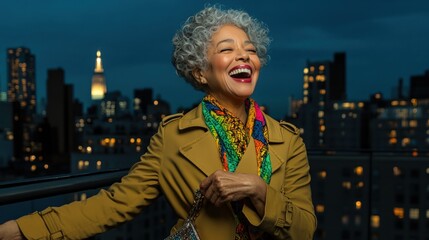 Obraz premium A joyful woman in a vibrant outfit smiles against a city skyline at twilight.