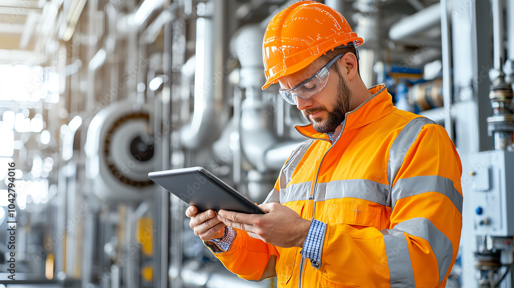Poster offshore engineer utilizing tablet to monitor system operations in industrial setting for enhanced e