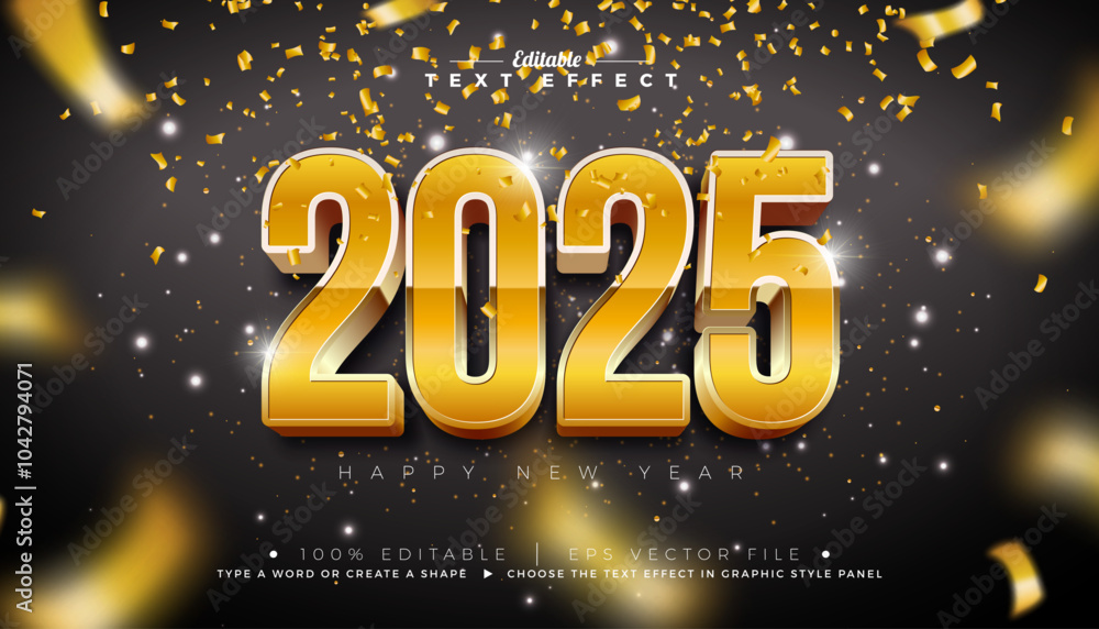 Aufkleber 2025 happy new year 3d text effect design. editable and scalable vector graphic style effect with go