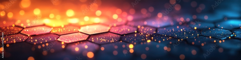 Poster abstract hexagonal pattern with glowing lights and vibrant colors.