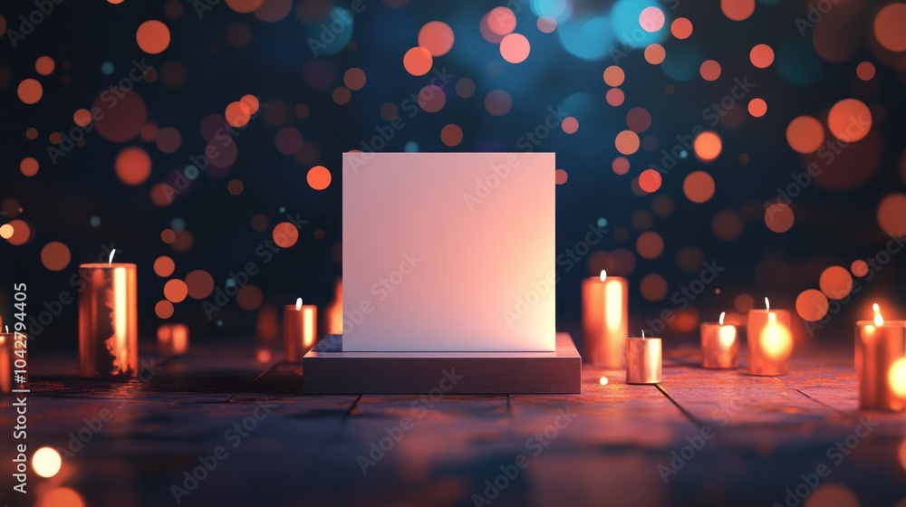 Aufkleber a minimalistic display with candles and bokeh lights, creating a serene atmosphere.