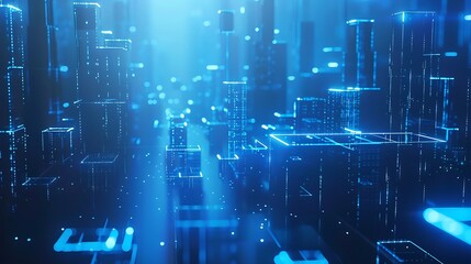 Bright blue glowing blocks and arcs mix into an abstract backdrop in this modern visual