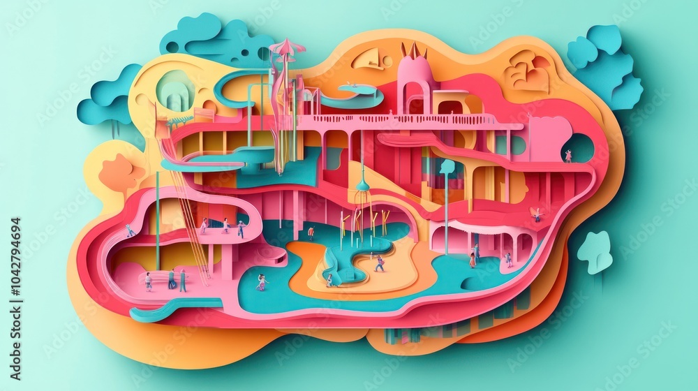 Poster a colorful, abstract landscape design showcasing playful elements and imaginative structures.