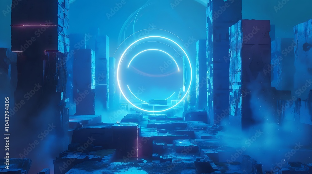 Wall mural bright blue glowing blocks and arcs mix into an abstract backdrop in this modern visual