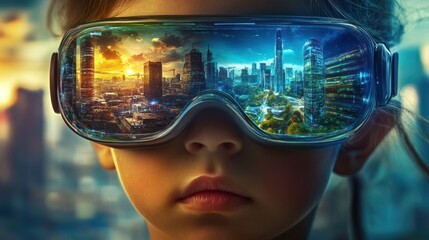 VR goggles depict futuristic city with urban flair.