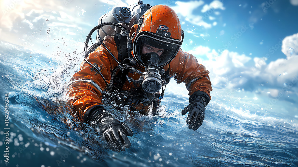 Poster an offshore worker in action maintaining underwater pipelines in challenging conditions