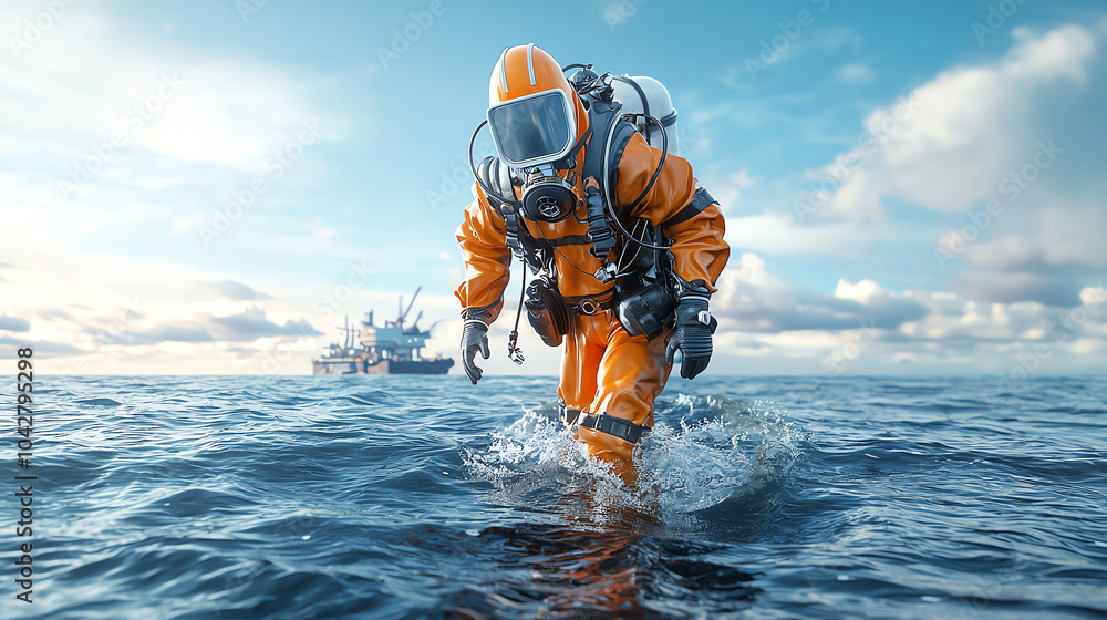 Poster exploring the depths an offshore worker in an orange dive suit maintaining underwater pipelines and 