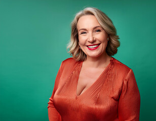Obraz premium Studio Portrait of Beautiful Mature Woman Happily Smiling Against Green Background